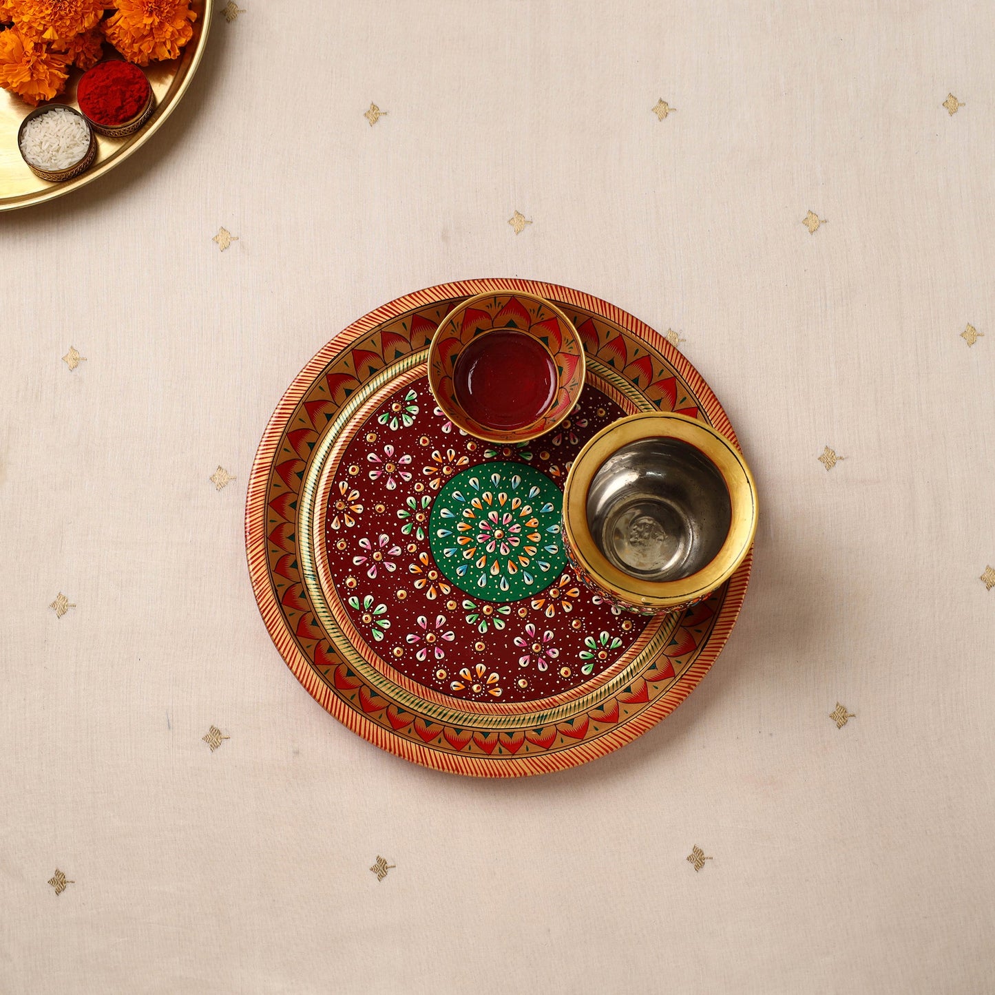 Handpainted Stainless Steel Pooja Thali, Kalash & Bowl