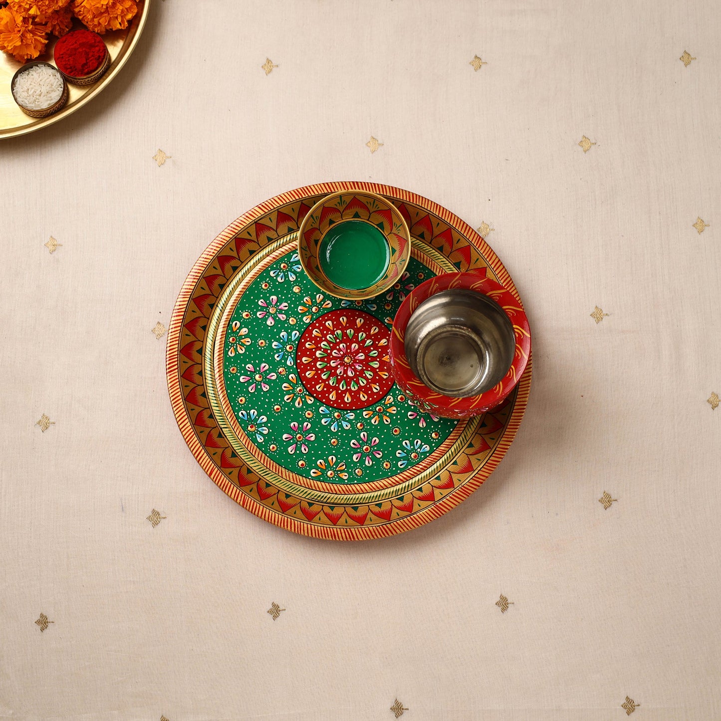 Handpainted Stainless Steel Pooja Thali, Kalash & Bowl