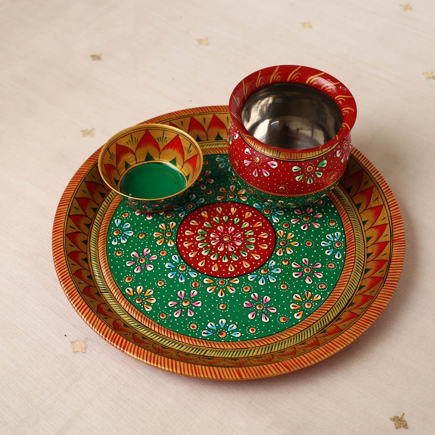 Handpainted Stainless Steel Pooja Thali, Kalash & Bowl