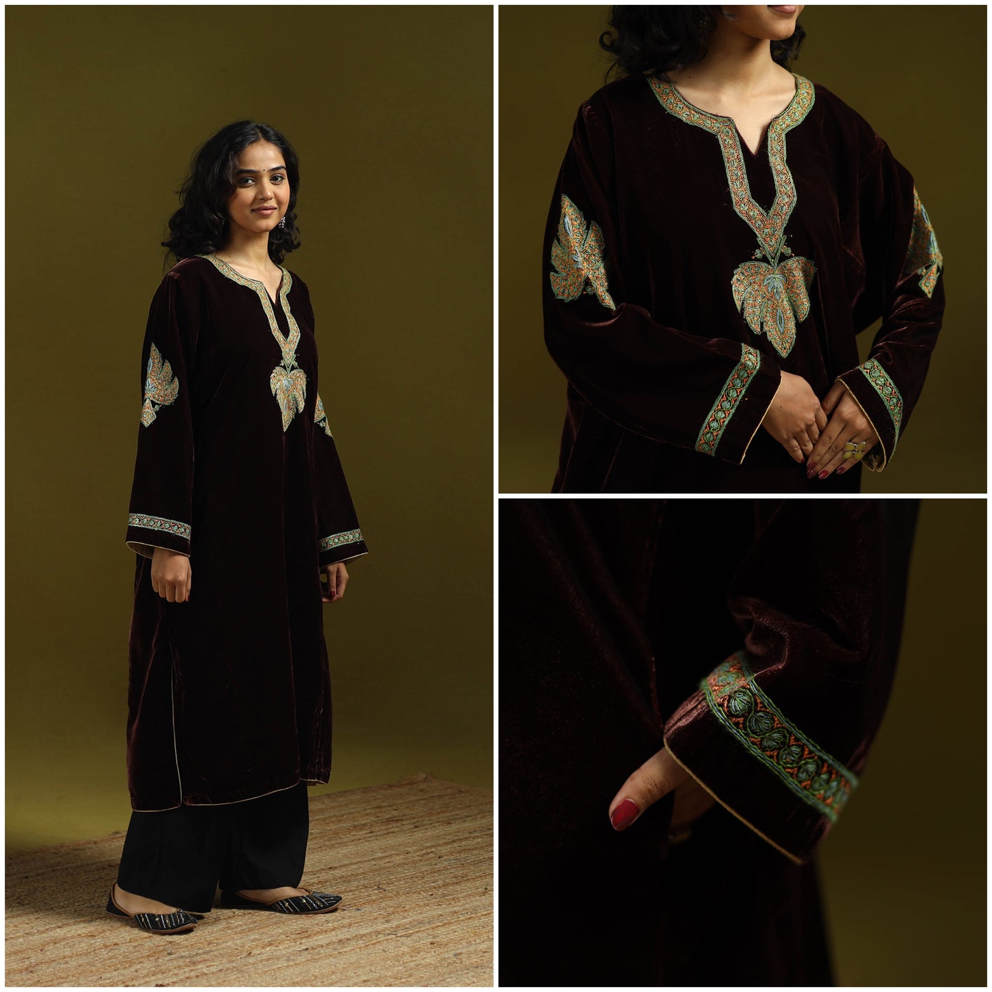 Handwoven sozni hand embroidered kashmiri velvet pheran 43