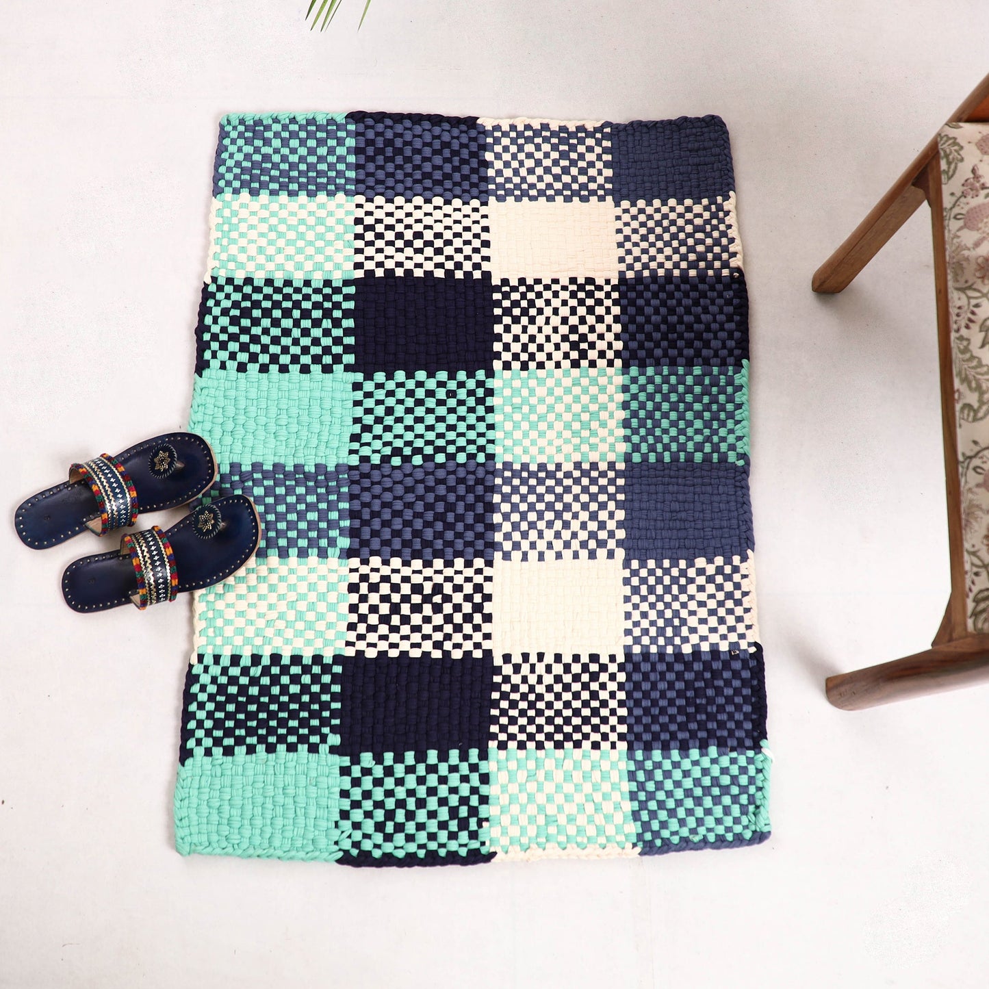 Blue & Green Handwoven Upcycled Cotton Carpet / Rug