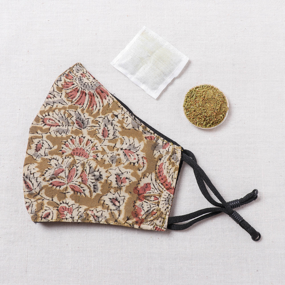 Herb Pocket Kalamkari Block Printed Cotton 3 Layer Snug Fit Face Cover