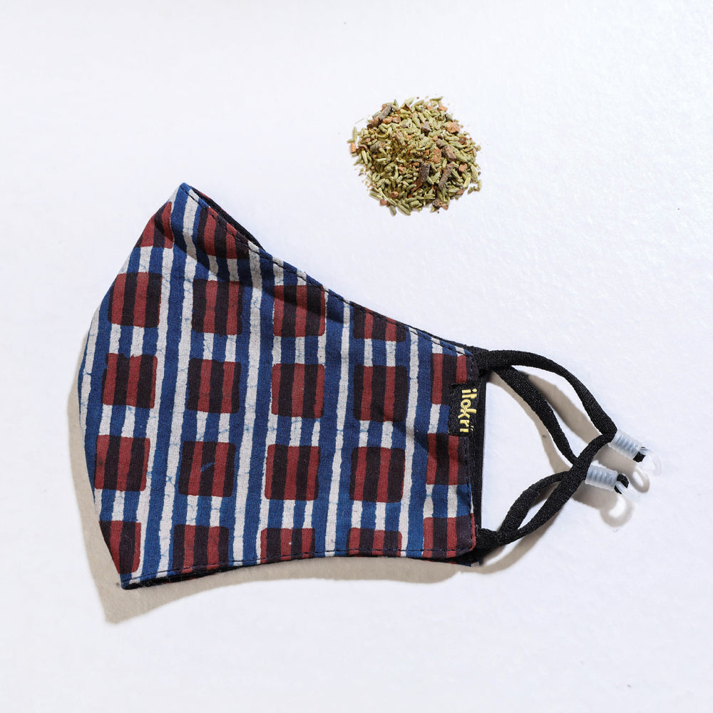 Herb Pocket Bagru Block Printed Cotton 3 Layer Snug Fit Face Cover