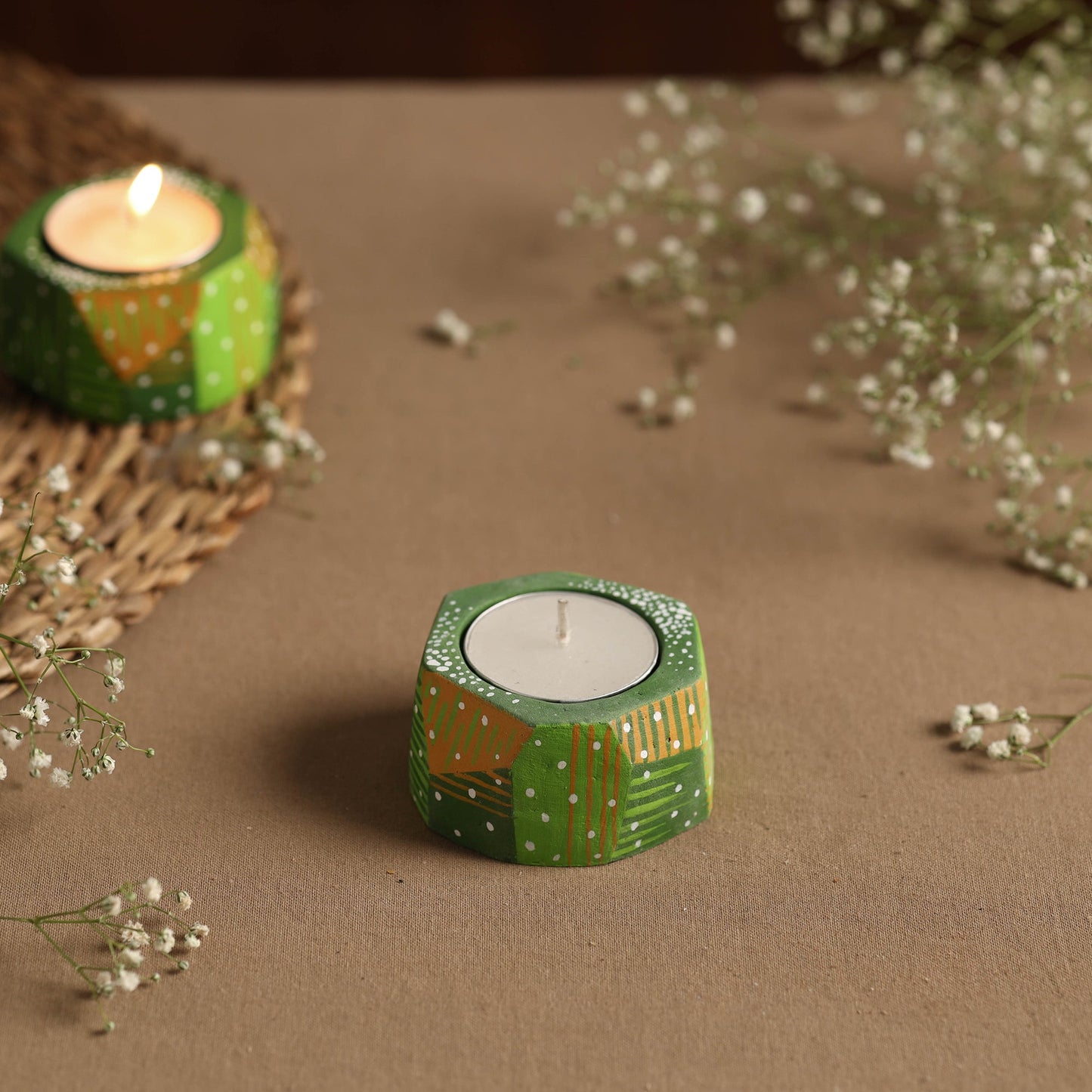 Flower - Handpainted Clay Candle Holders (Set of 2) Online in India l iTokri.com