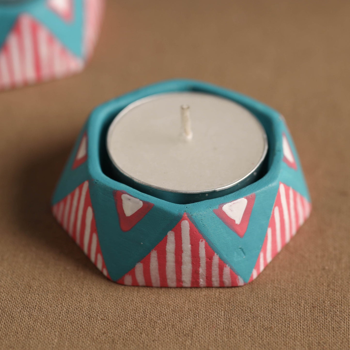 Hexagon - Handpainted Clay Candle Holders (Set of 2) Online in India l iTokri.com