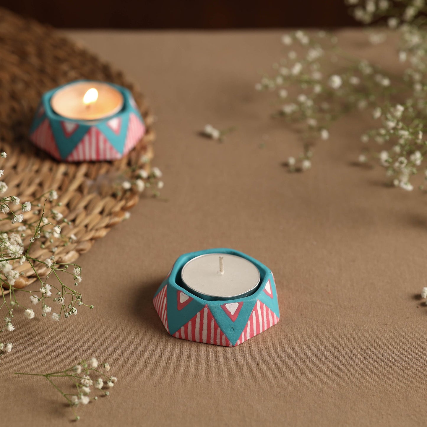 Hexagon - Handpainted Clay Candle Holders (Set of 2) Online in India l iTokri.com