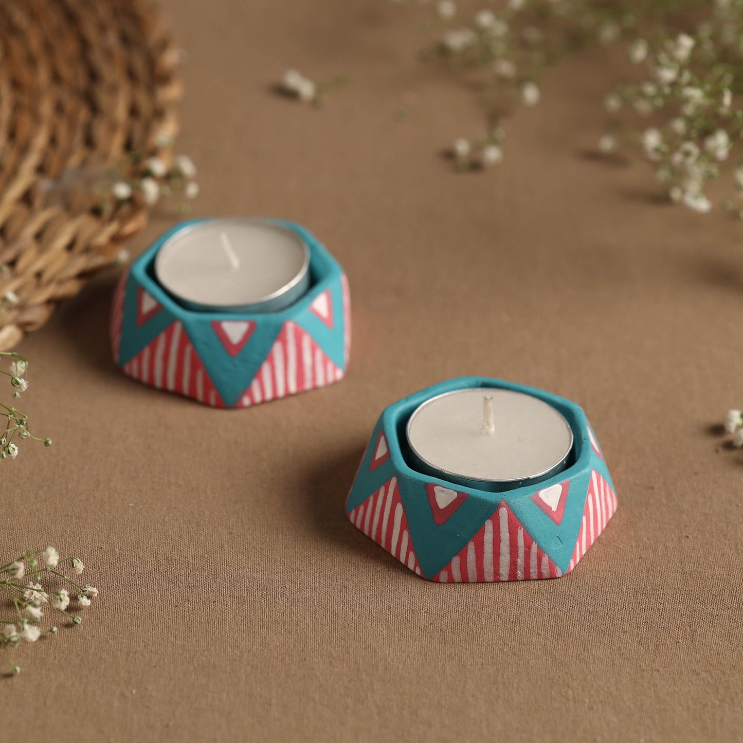 Hexagon - Handpainted Clay Candle Holders (Set of 2) Online in India l iTokri.com