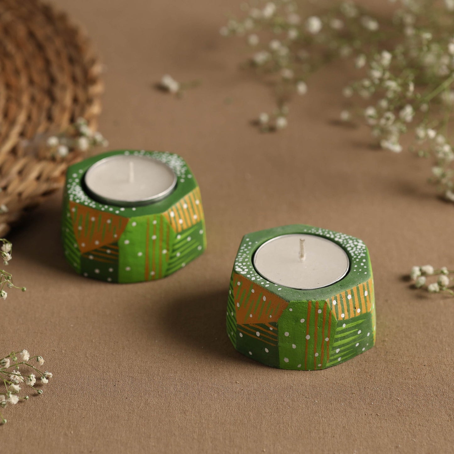 Flower - Handpainted Clay Candle Holders (Set of 2) Online in India l iTokri.com