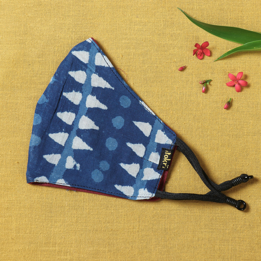 Indigo Block Printed Cotton 3 Layer Snug Fit Face Cover