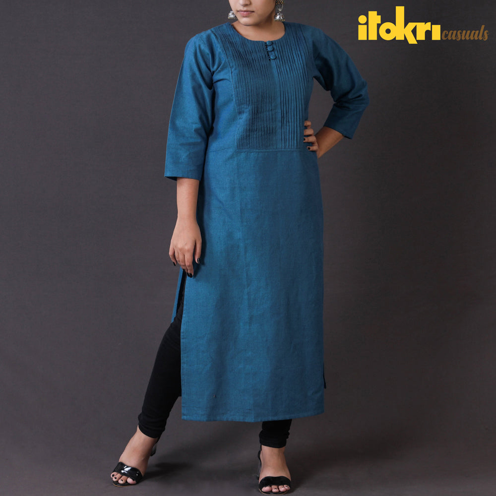 iTokri Casuals - Authentic Aha Vastra Handloom Sea Blue Long Kurta