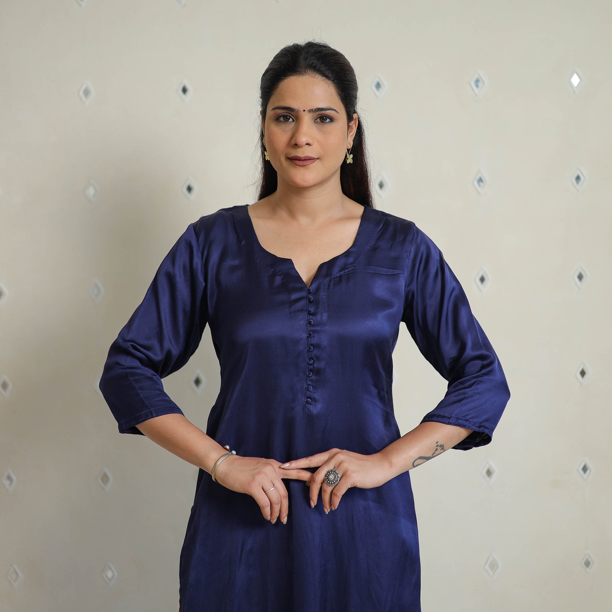 Jasleen Navy Blue Modal Silk Plain Straight Long Kurta