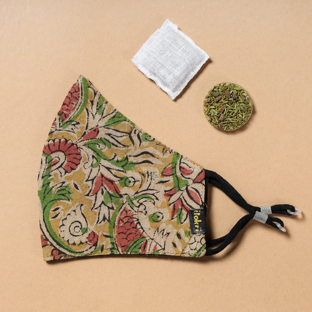 kalamkari Block Printed Cotton 3 Layer Snug Fit Face Cover with Herb Pocket