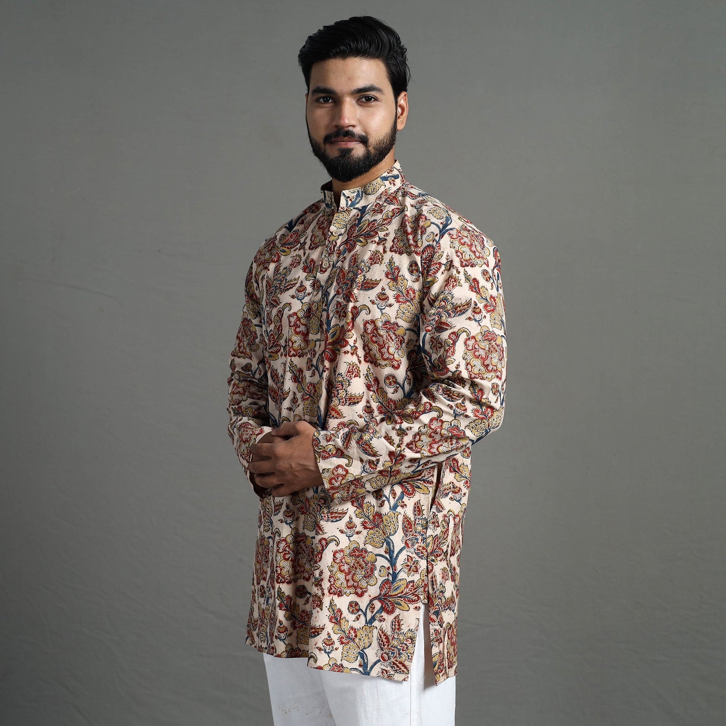 Kalamkari block printed cotton men short kurta 03