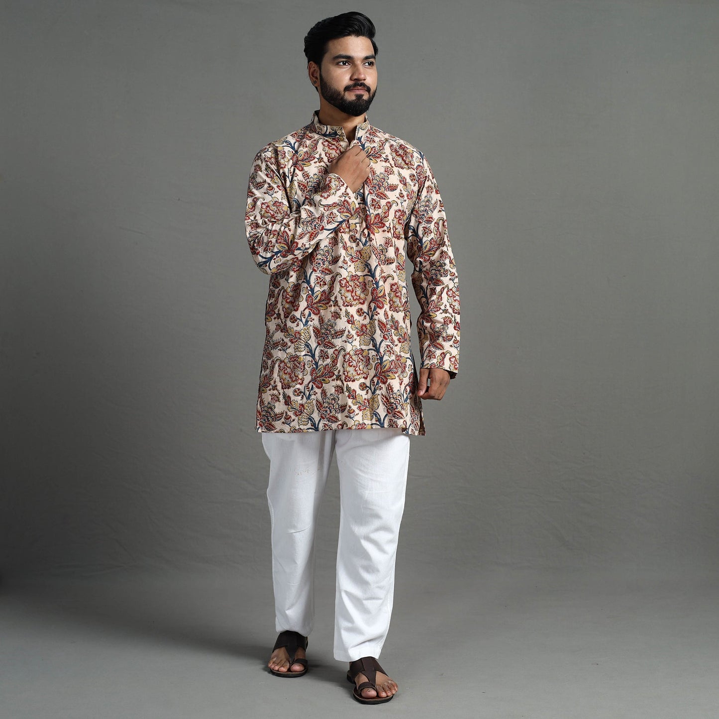 Kalamkari block printed cotton men short kurta 03
