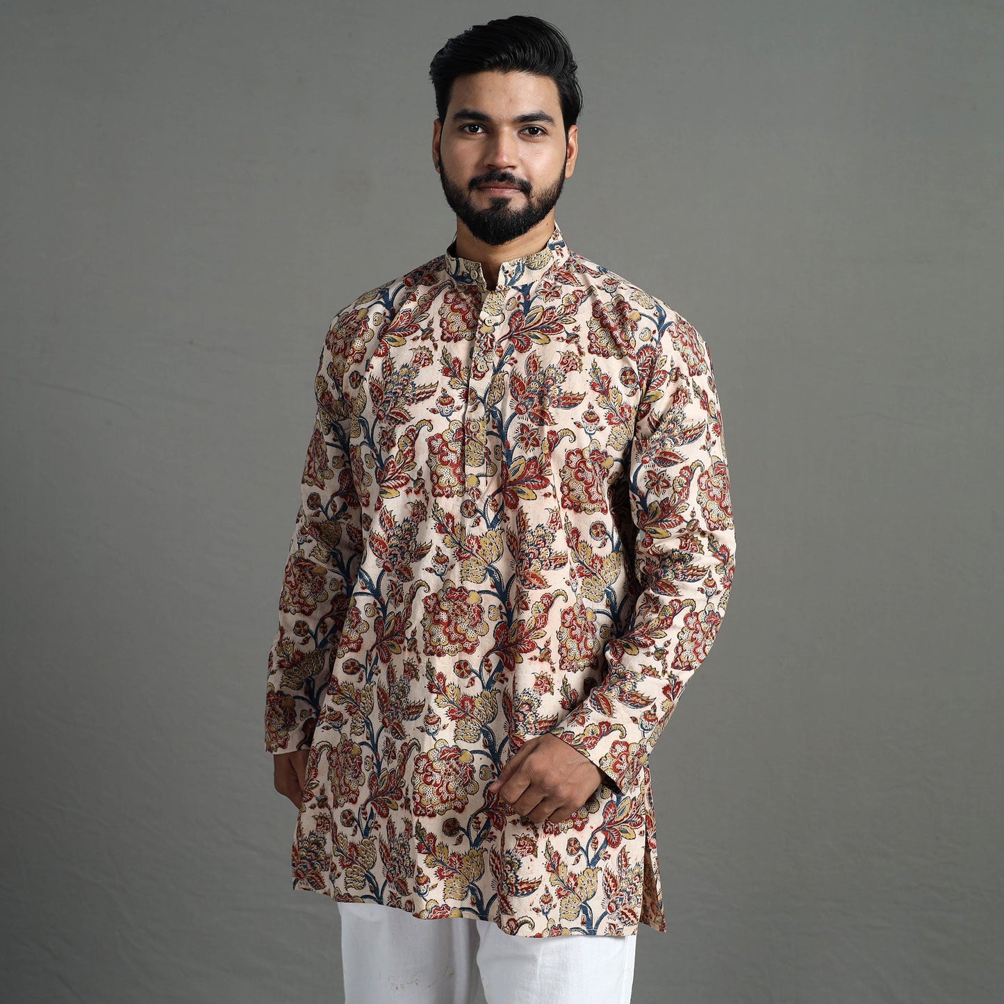 Kalamkari block printed cotton men short kurta 03