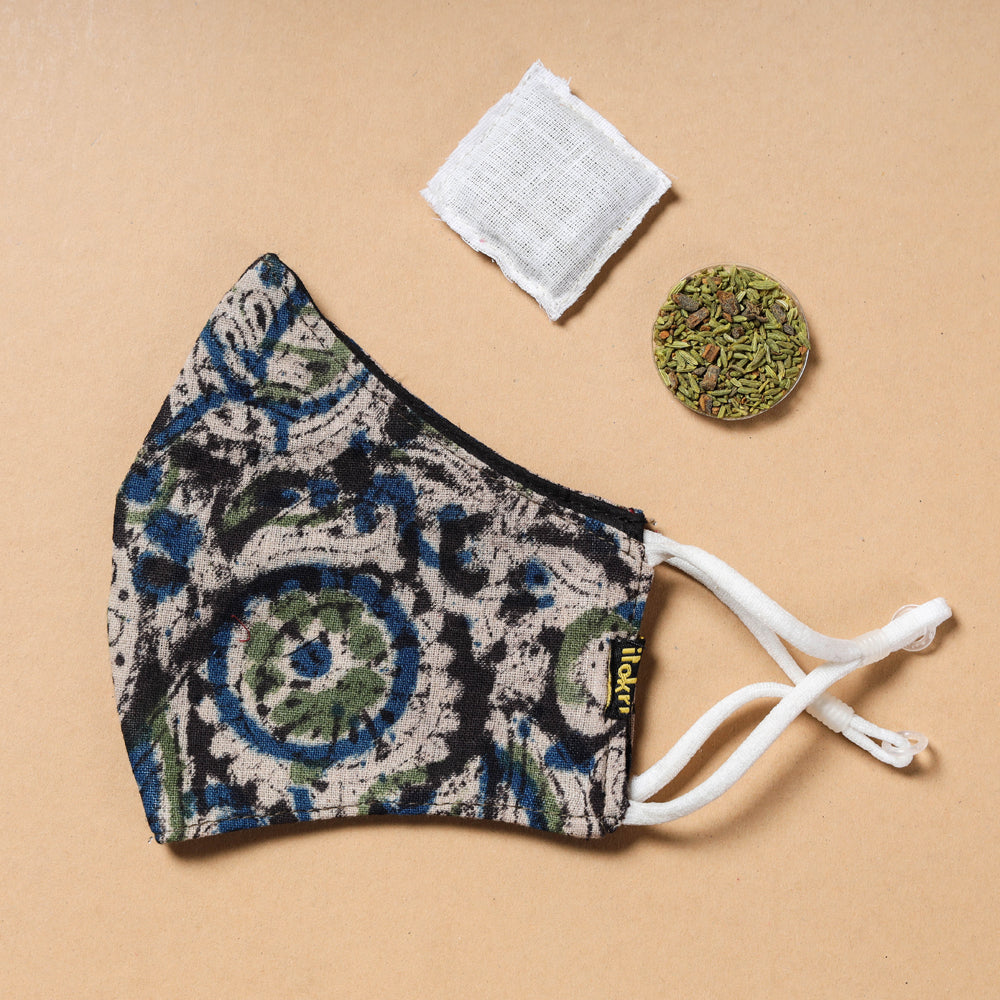 kalamkari Block Printed Cotton 3 Layer Snug Fit Face Cover with Herb Pocket