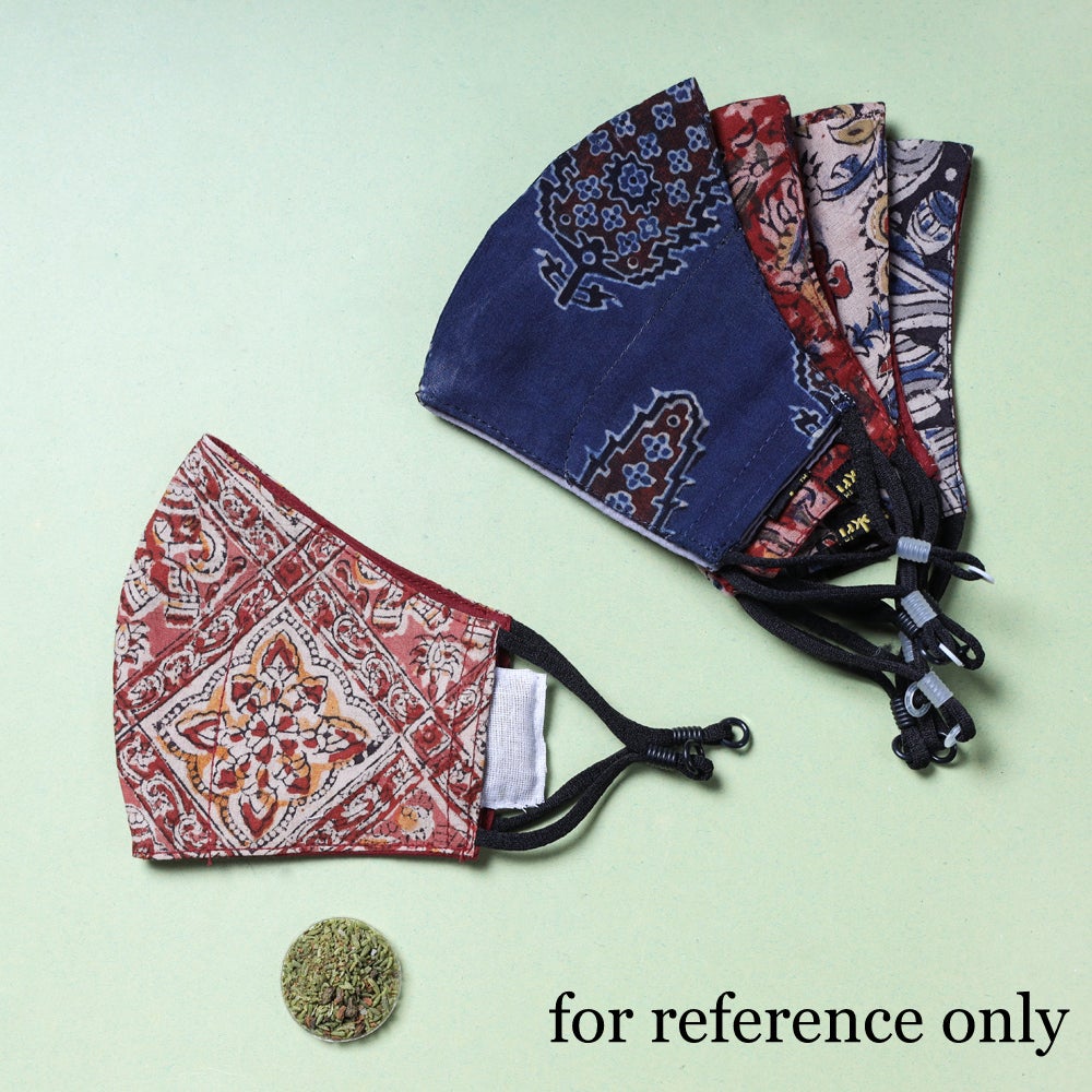 kalamkari Block Printed Cotton 3 Layer Snug Fit Face Cover with Herb Pocket