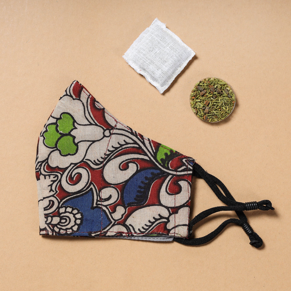 kalamkari Block Printed Cotton 3 Layer Snug Fit Face Cover with Herb Pocket