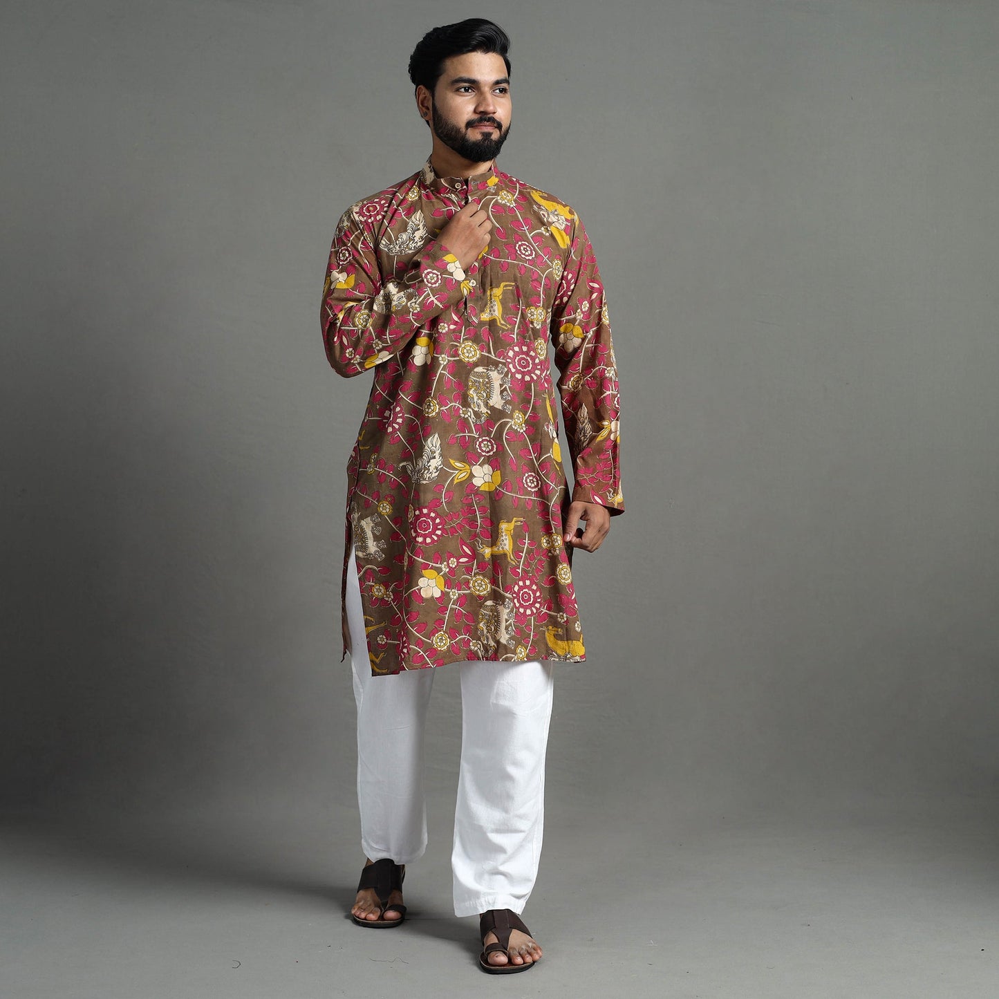 Buy Kalamkari Printed Cotton Men Long Kurta 14 Online at iTokri.com