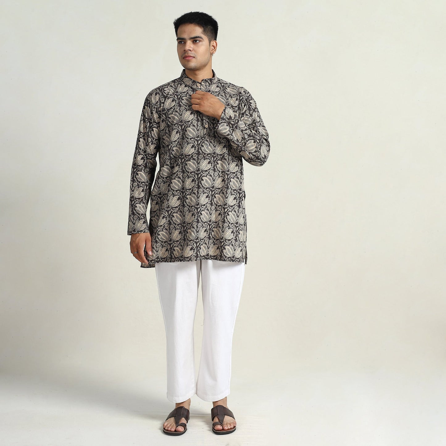 Kalamkari printed cotton men short kurta 13 - handcrafted