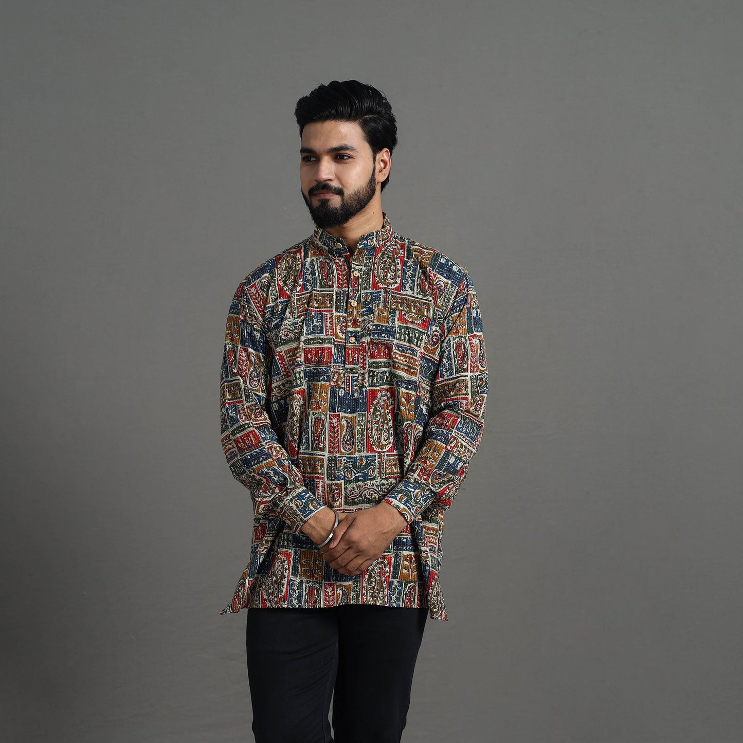 Kantha Stitch Cotton Short Jaipur Kurta for Men 15