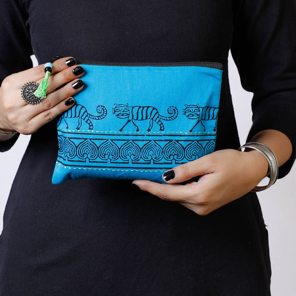 Kantha Work Block Print Cotton Utility Pouch
