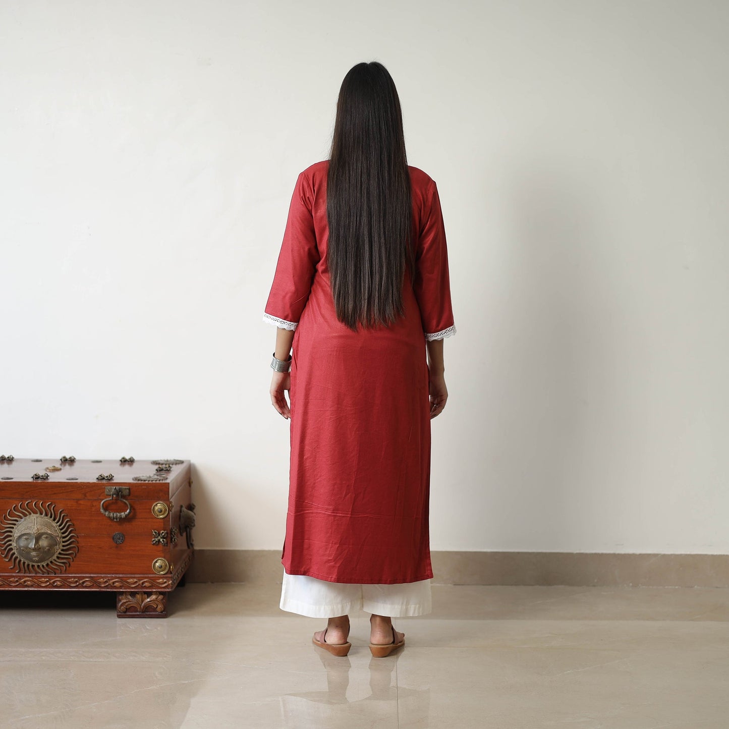 Buy Kiara Maroon Linen Cotton Plain Kurta with Lace Work