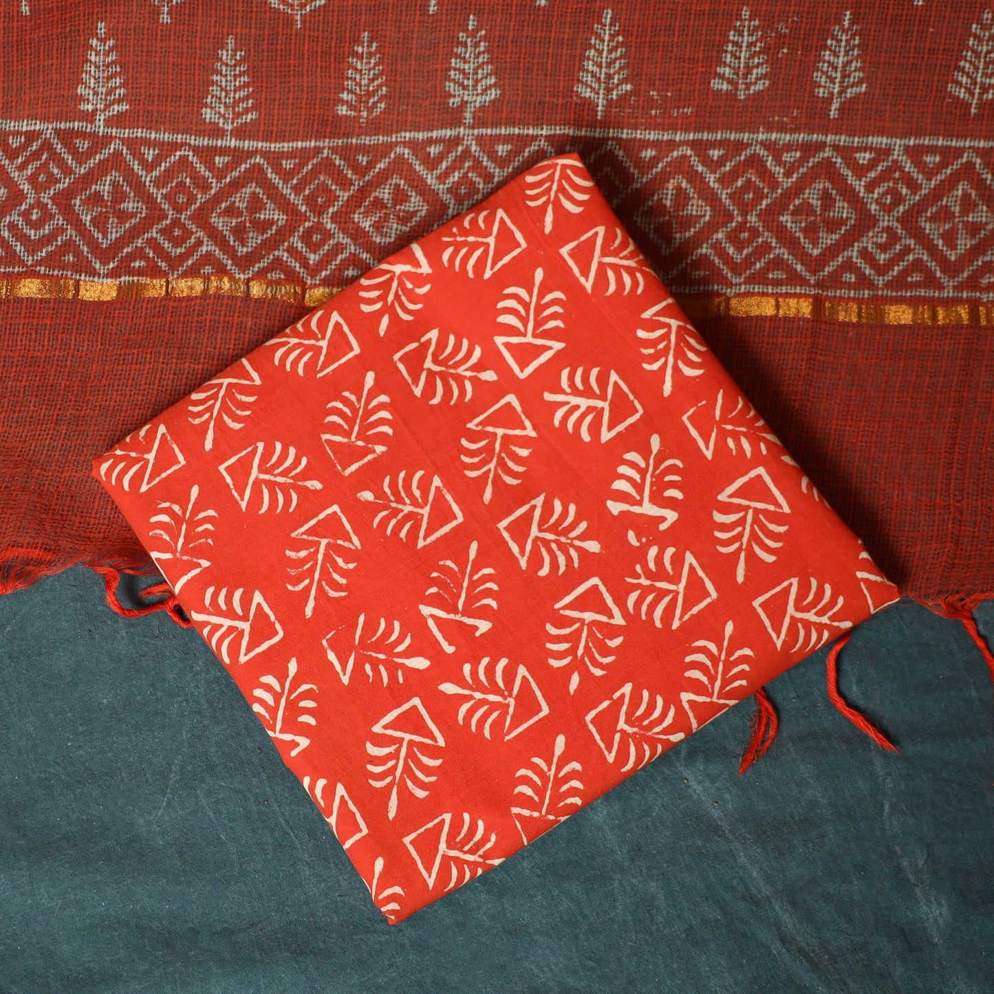 Kota doria cotton hand block jaipur print 3pc unstitched