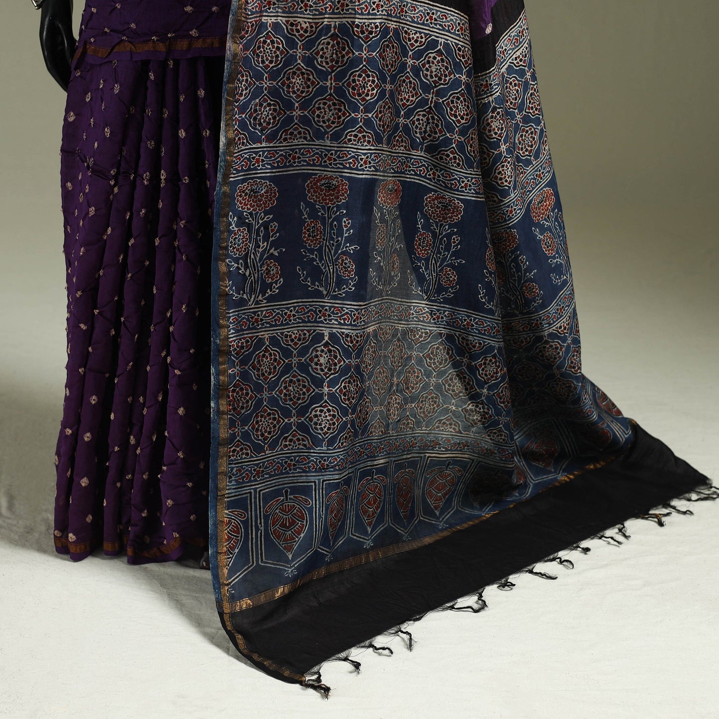 Kutch ajrakh with bandhani natural dyed chanderi silk saree