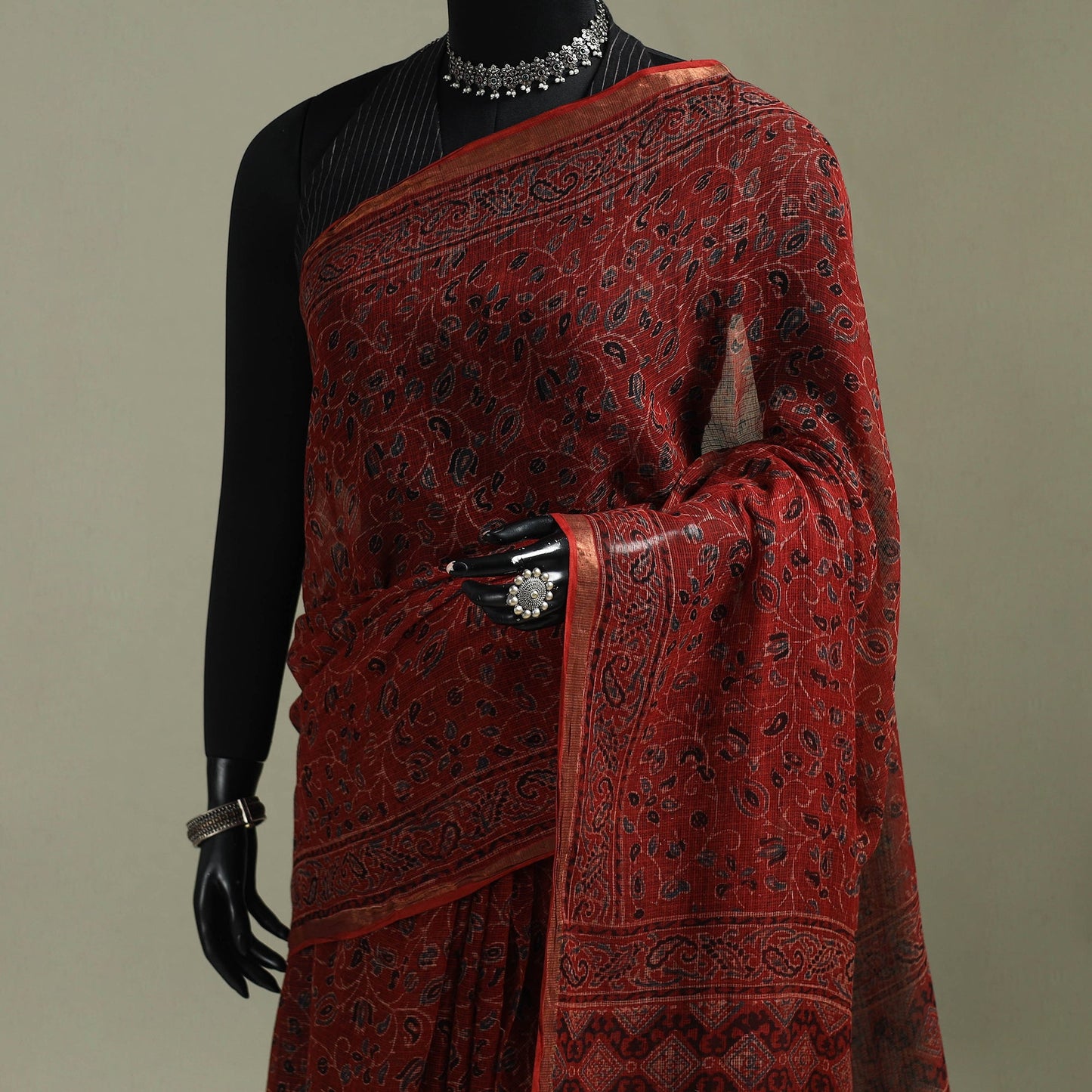 Kutch ajrakh hand block print natural dyed kota doria
