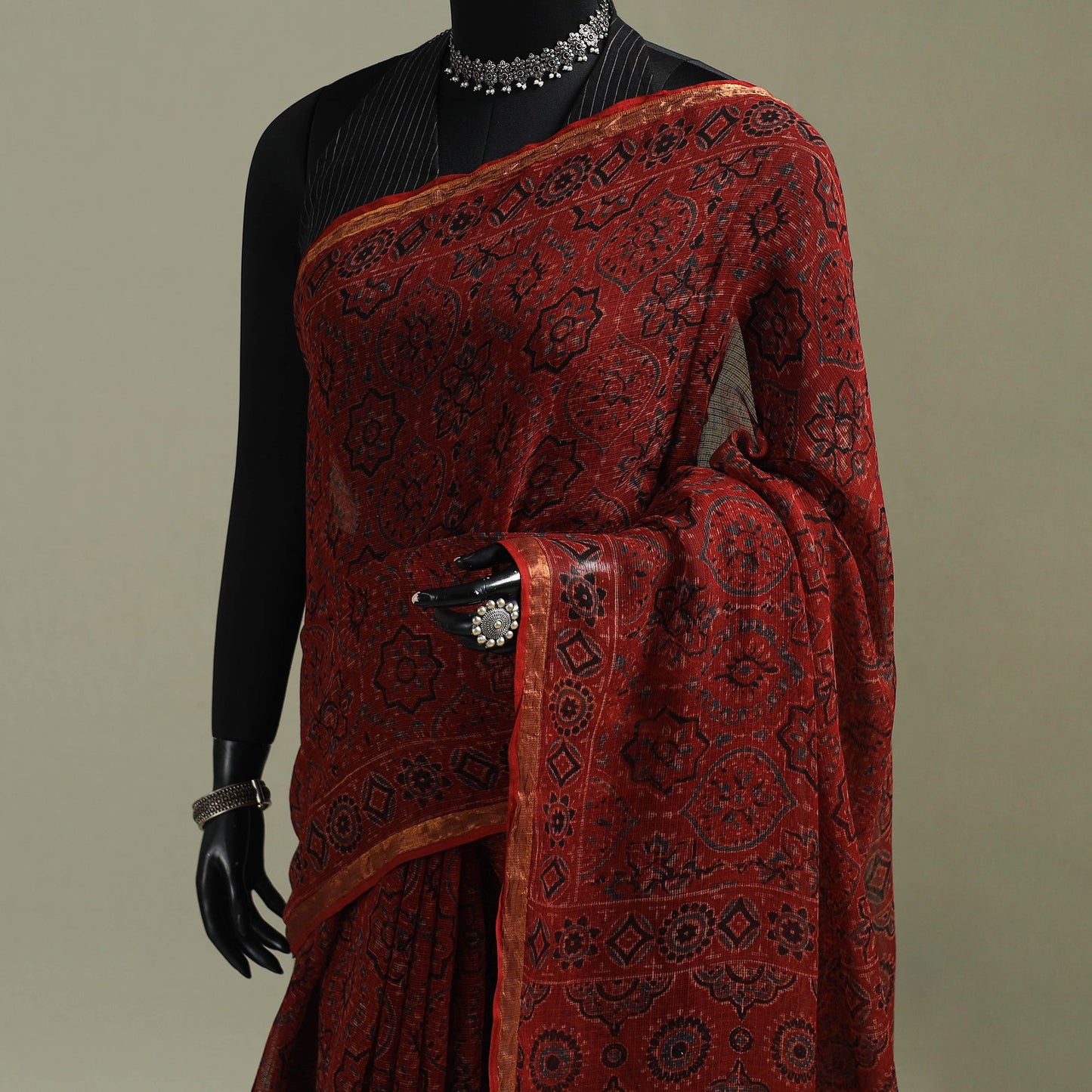 Kutch ajrakh hand block print natural dyed kota doria