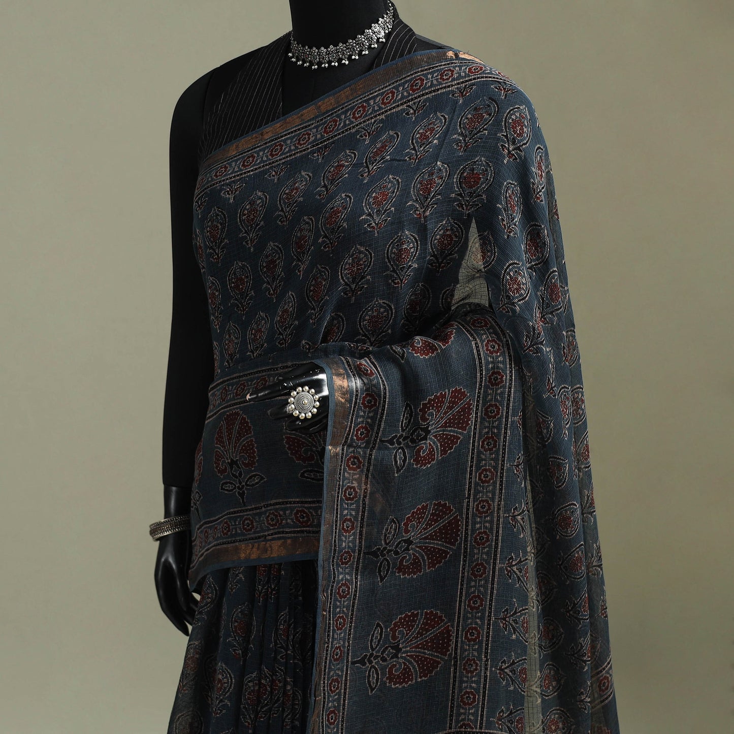 Kutch ajrakh hand block print natural dyed kota doria