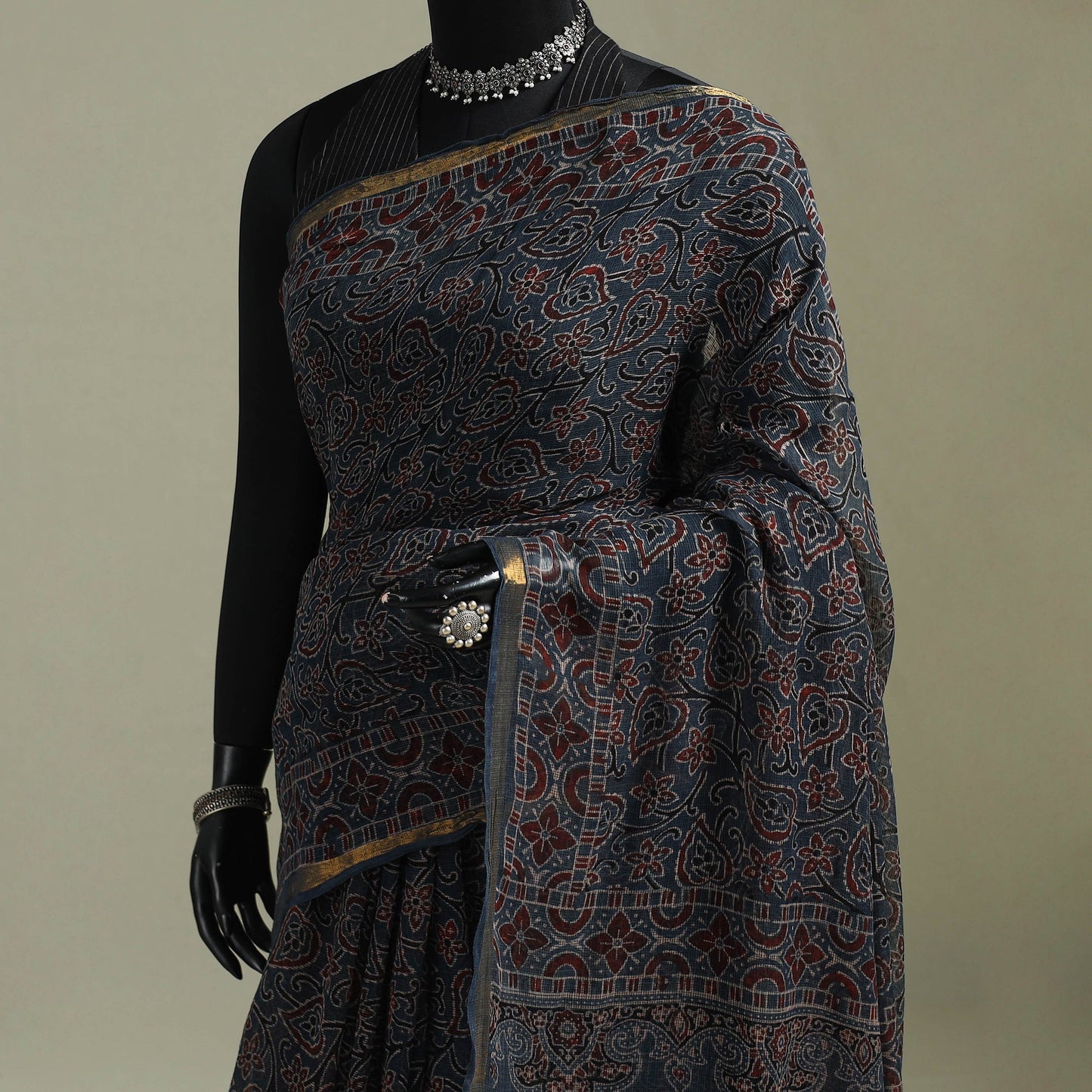 Kutch ajrakh hand block print natural dyed kota doria