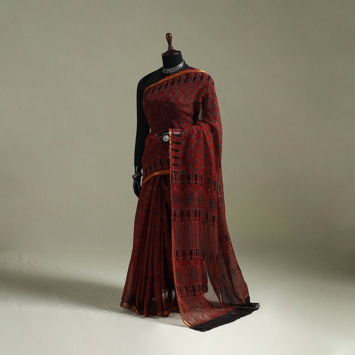 Kutch ajrakh hand block print natural dyed kota doria