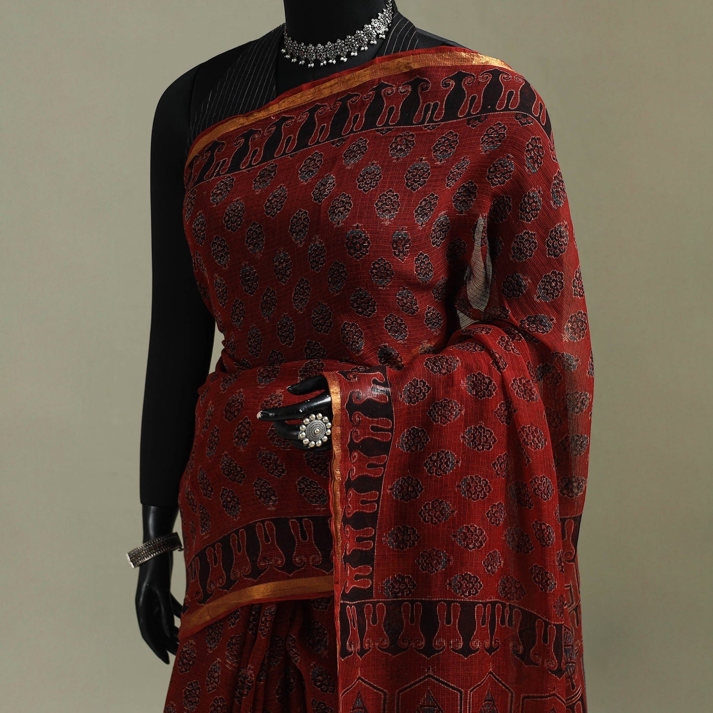 Kutch ajrakh hand block print natural dyed kota doria