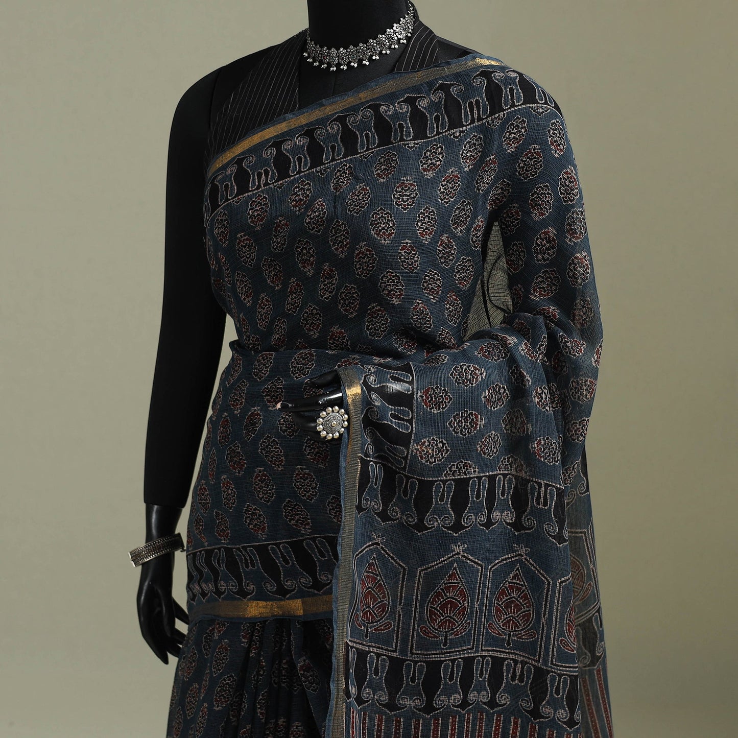 Kutch ajrakh hand block print natural dyed kota doria
