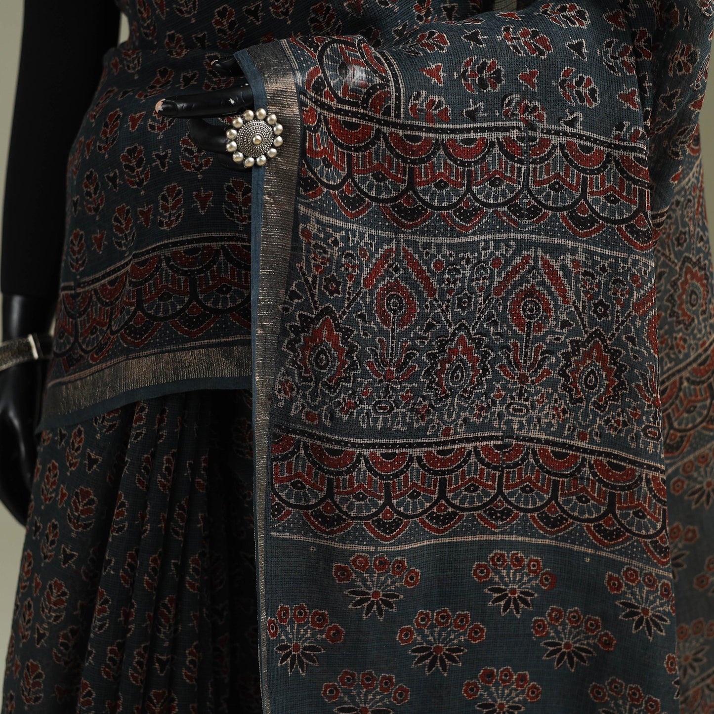 Kutch ajrakh hand block print natural dyed kota doria