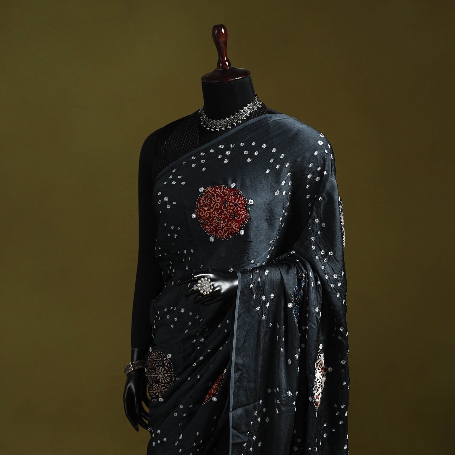 Kutch ajrakh patch tie-dye modal silk bandhani with mirror