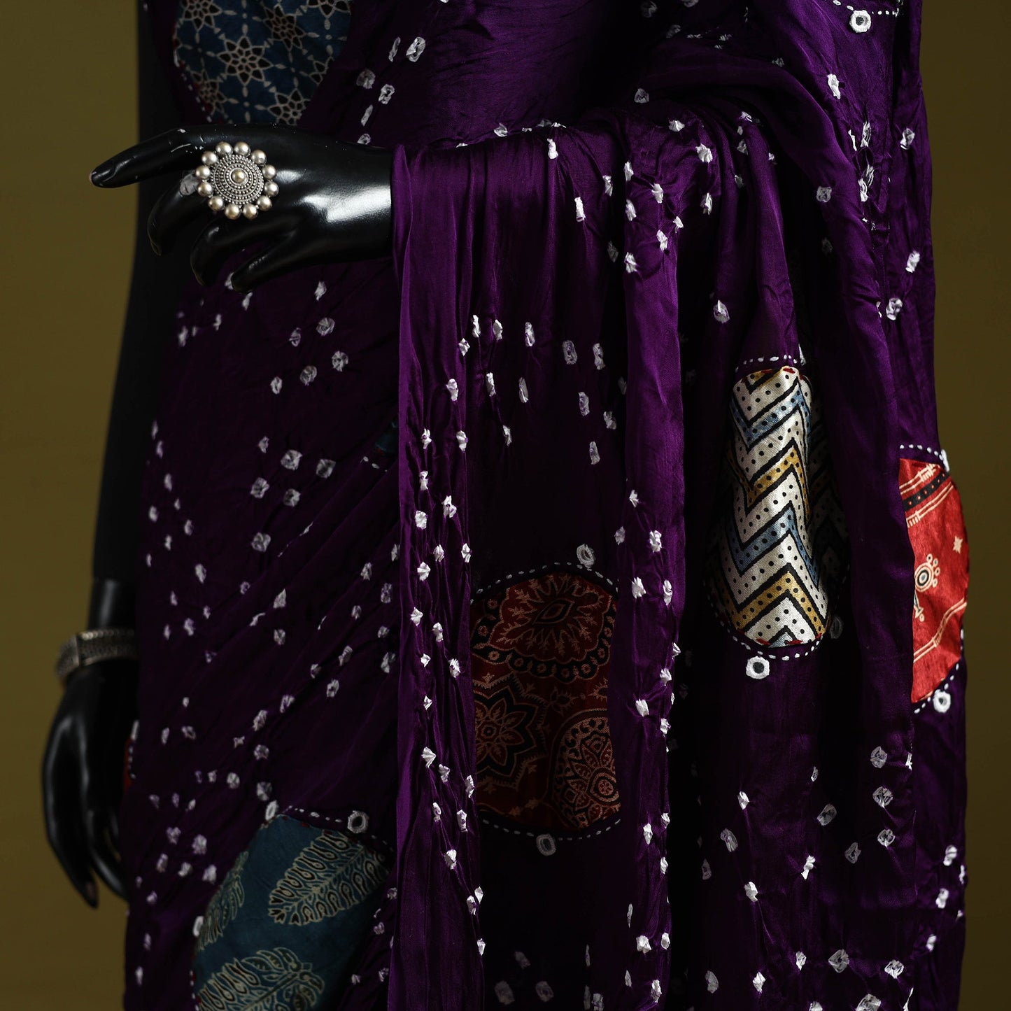 Kutch ajrakh patch tie-dye modal silk bandhani with mirror