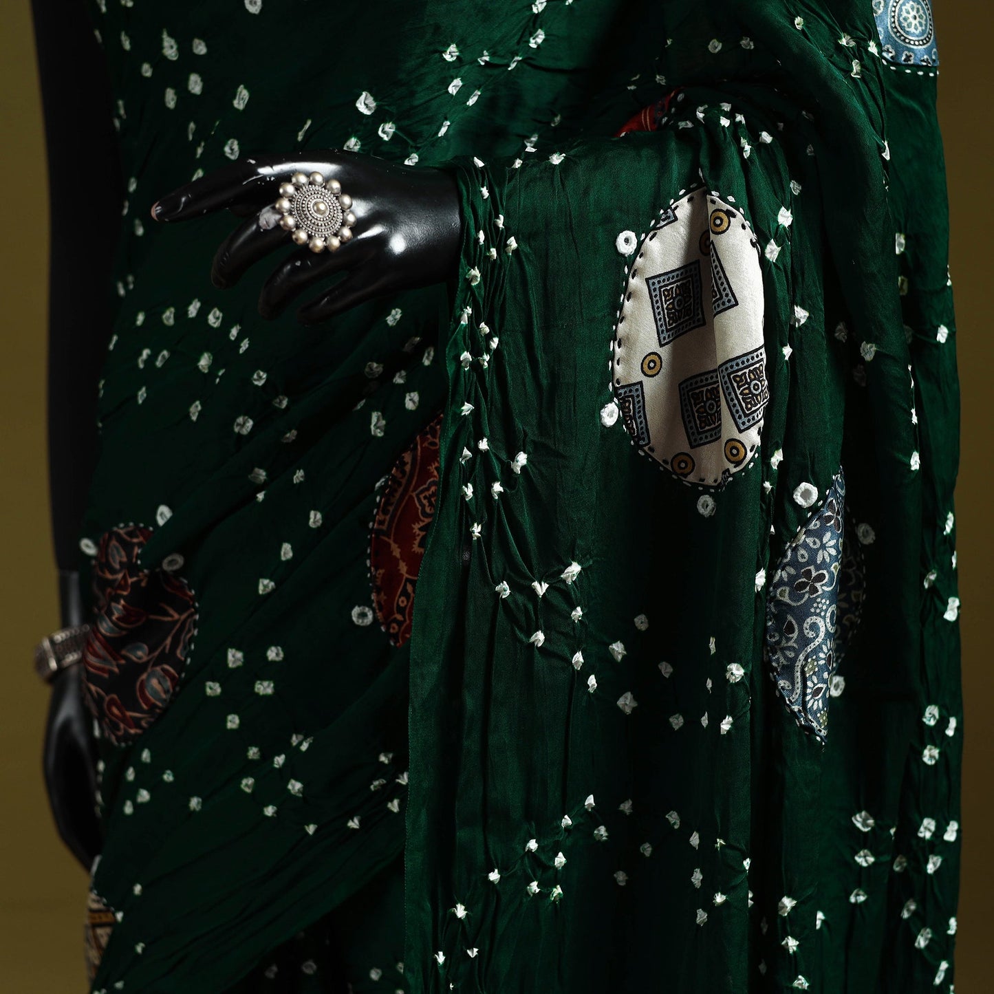 Kutch ajrakh patch tie-dye modal silk bandhani with mirror