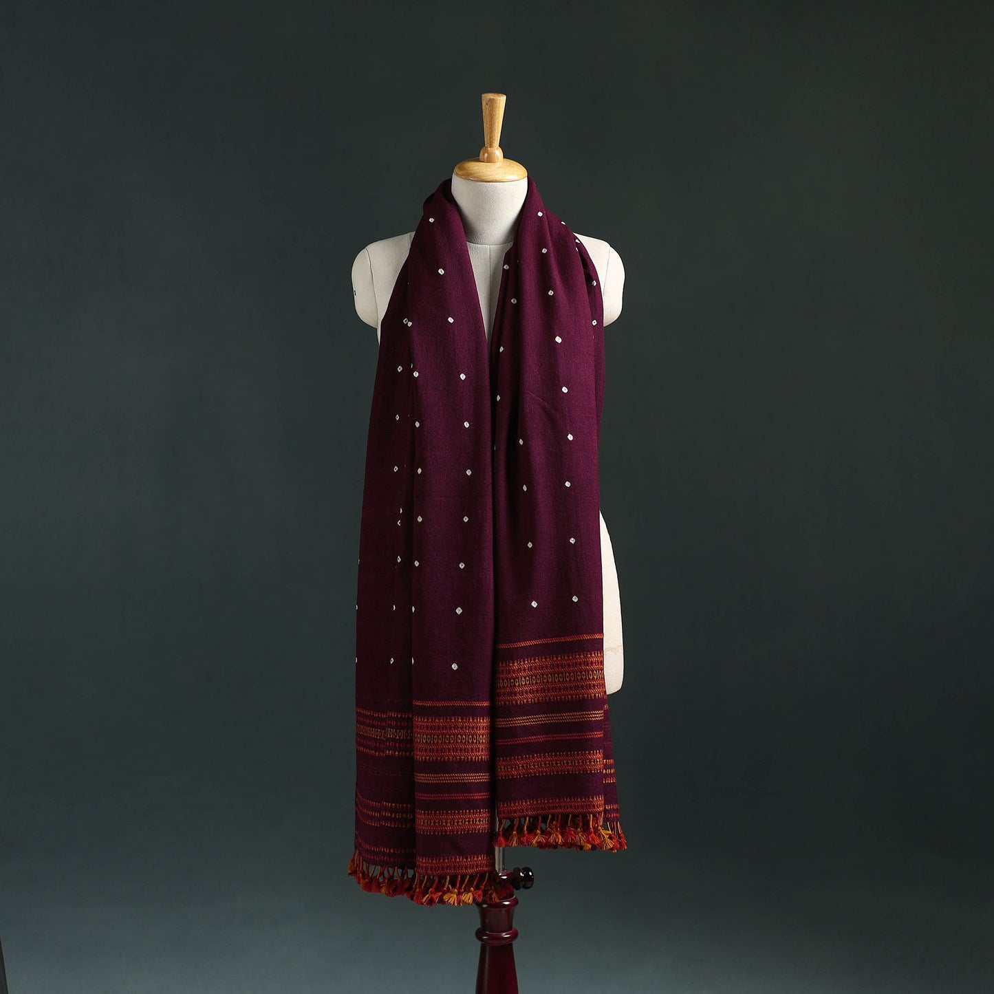 Kutch bandhani tie-dye handwoven merino wool shawl 15