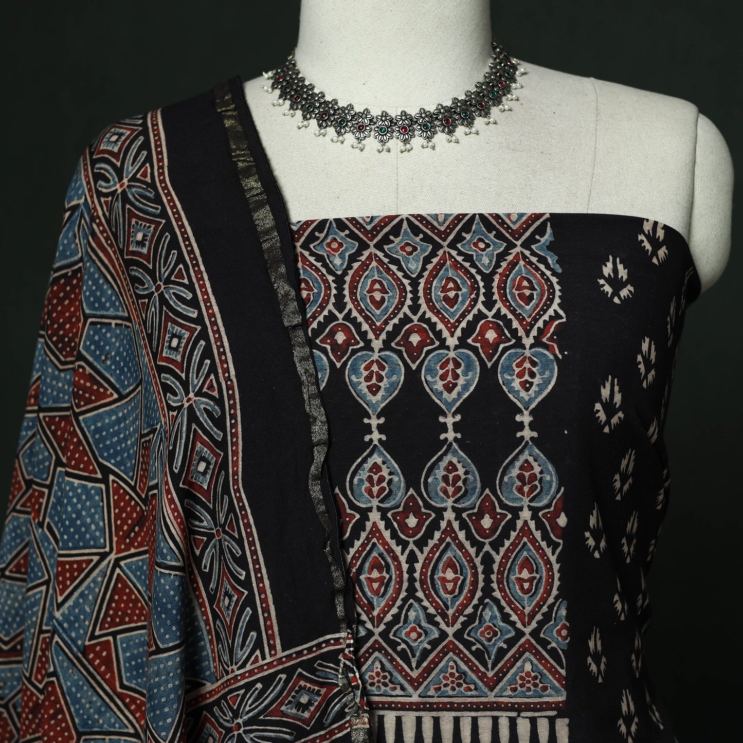 Kutch hand block ajrakh print natural dyed chanderi silk