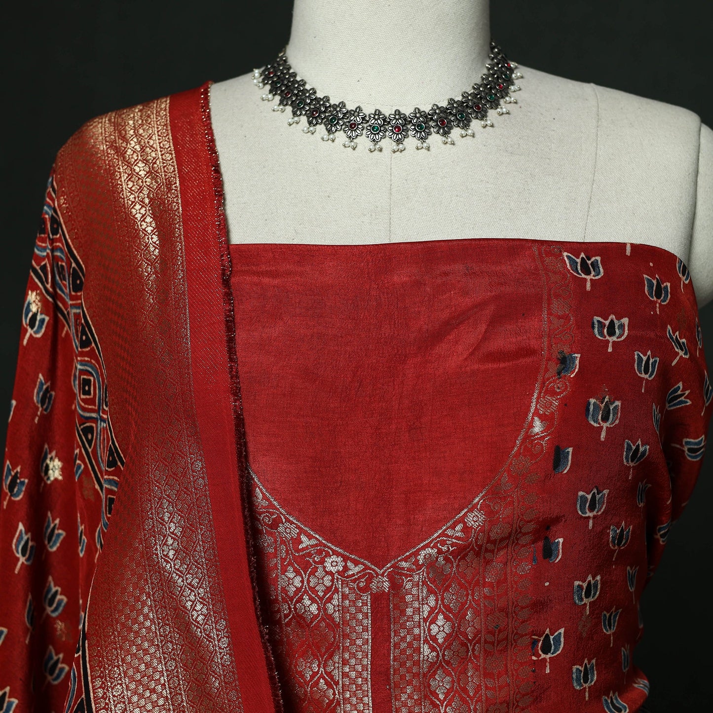 Kutch hand block ajrakh print natural dyed dola silk zari