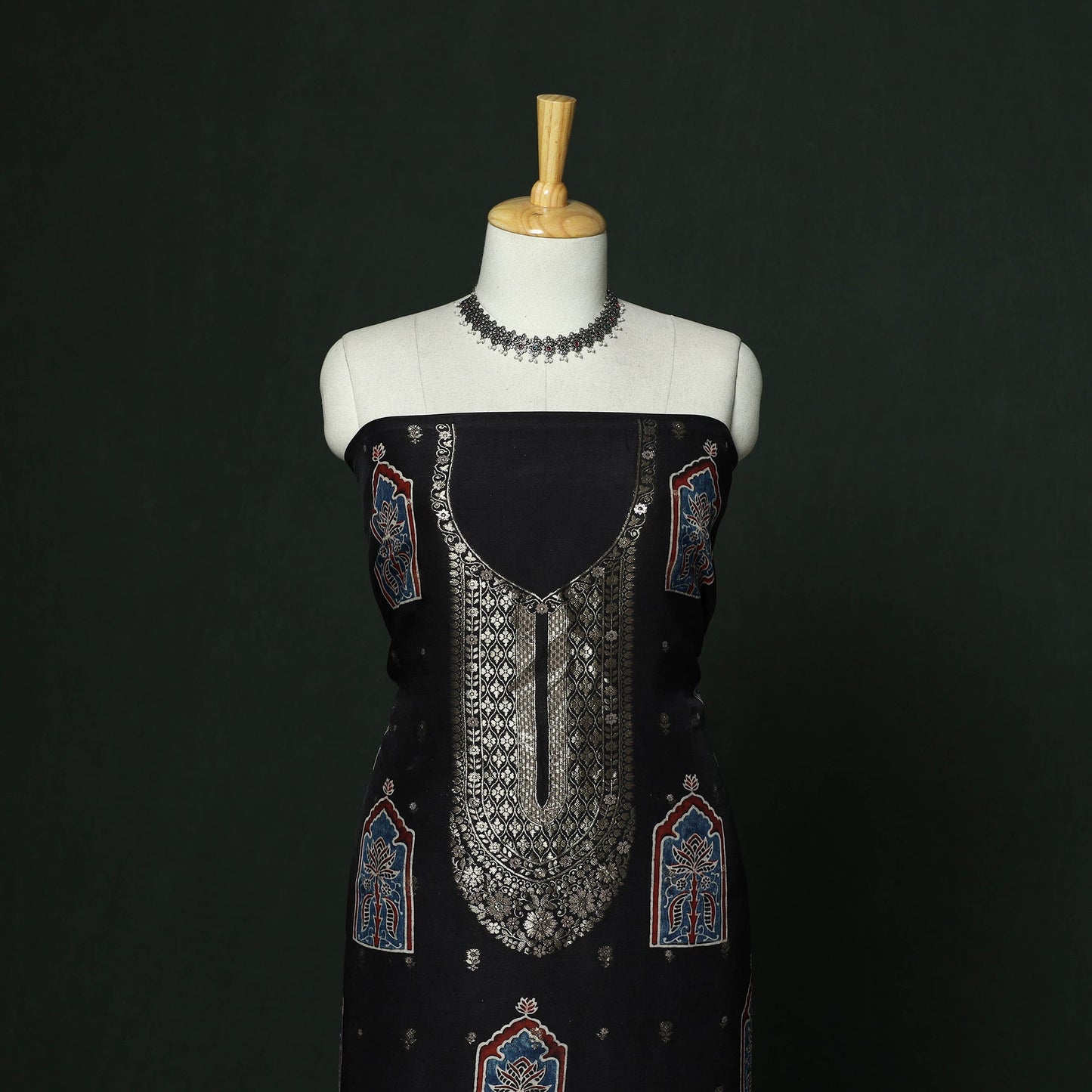 Kutch hand block ajrakh print natural dyed dola silk zari