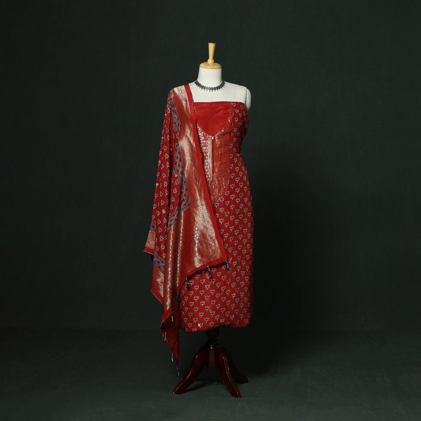 Kutch hand block ajrakh print natural dyed dola silk zari