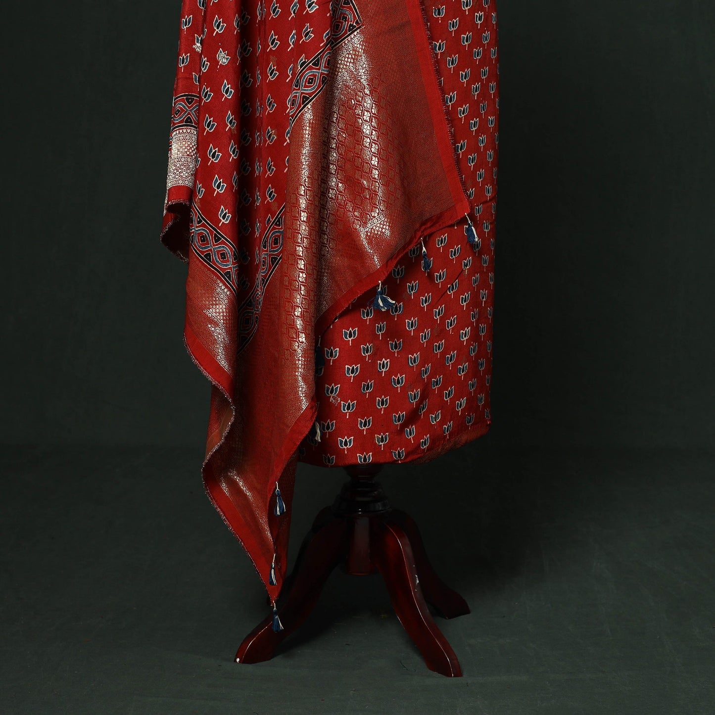 Kutch hand block ajrakh print natural dyed dola silk zari