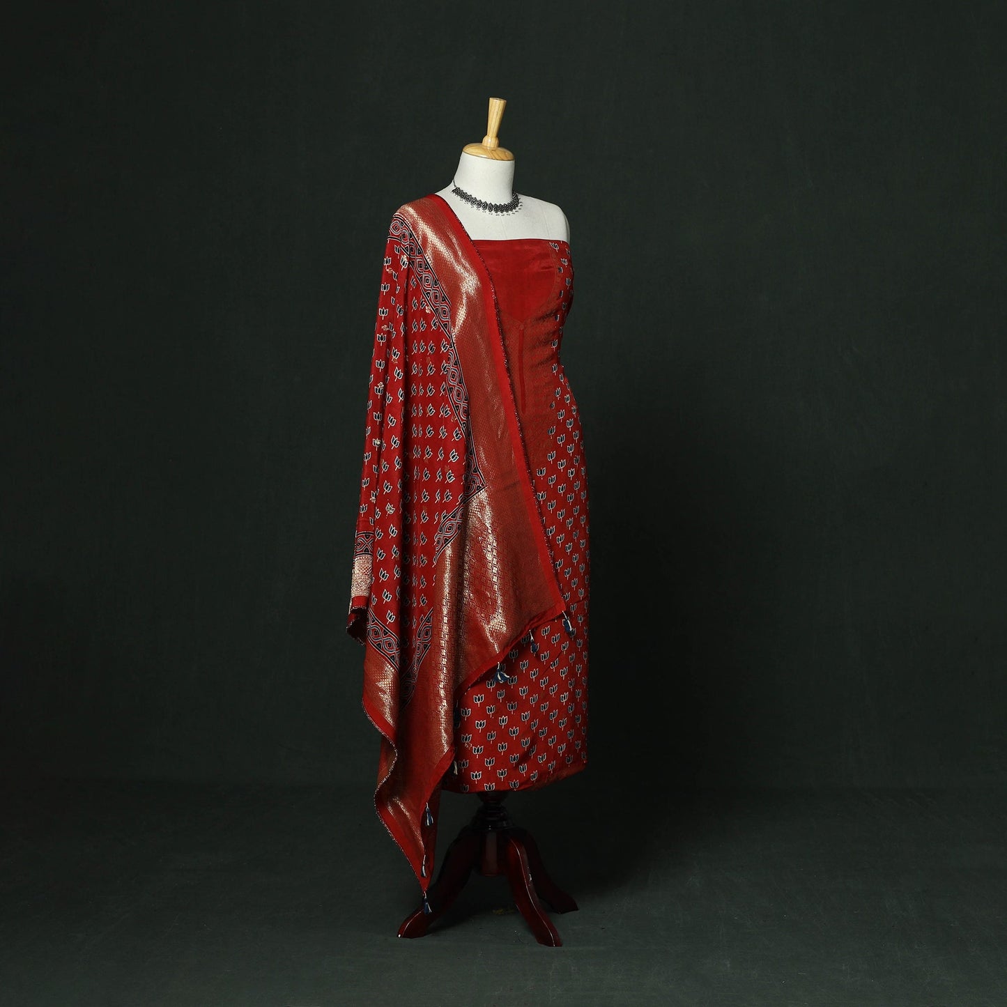 Kutch hand block ajrakh print natural dyed dola silk zari