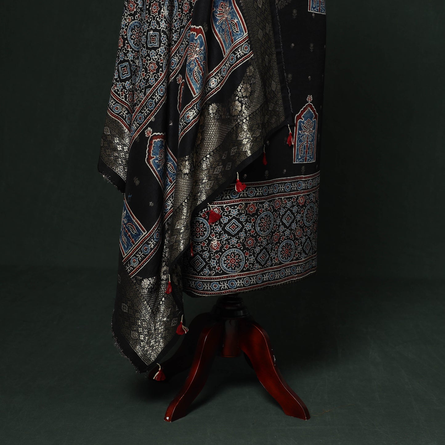 Kutch hand block ajrakh print natural dyed dola silk zari