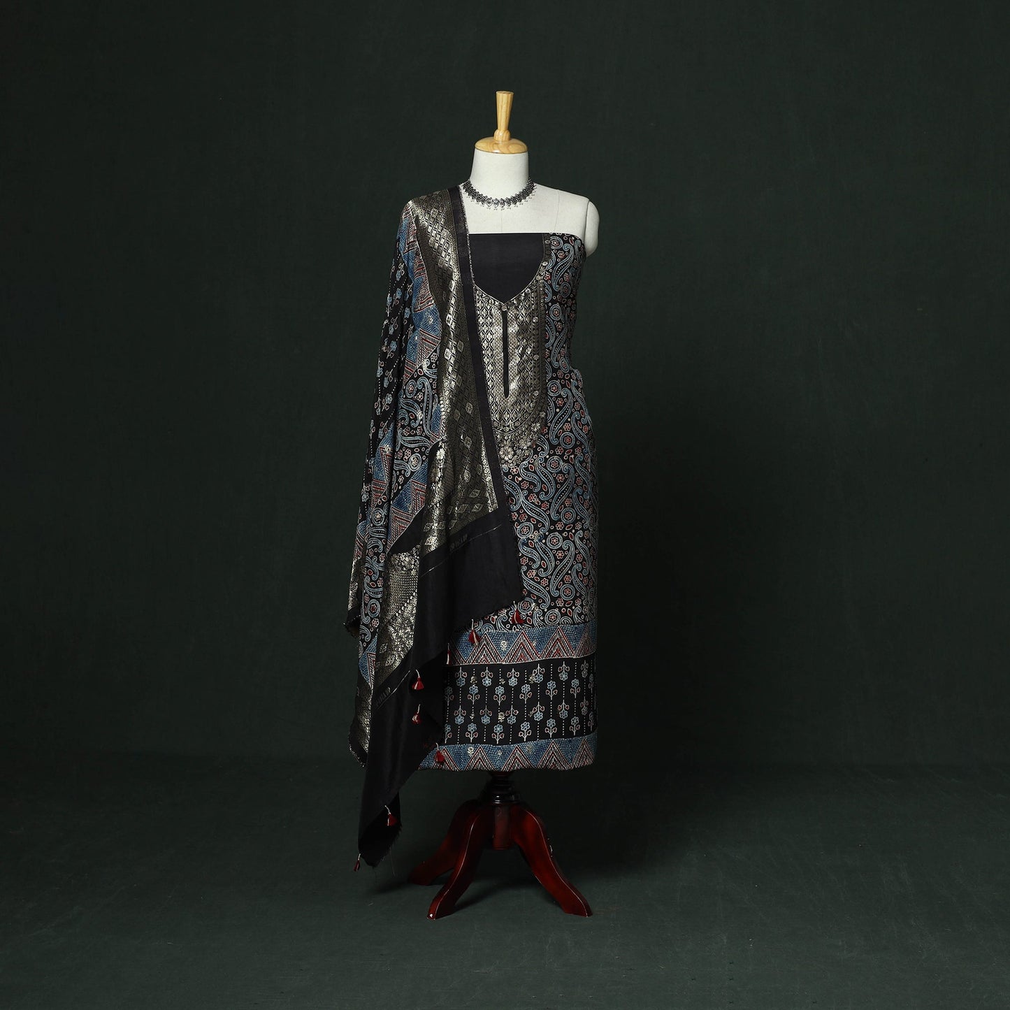 Kutch hand block ajrakh print natural dyed dola silk zari