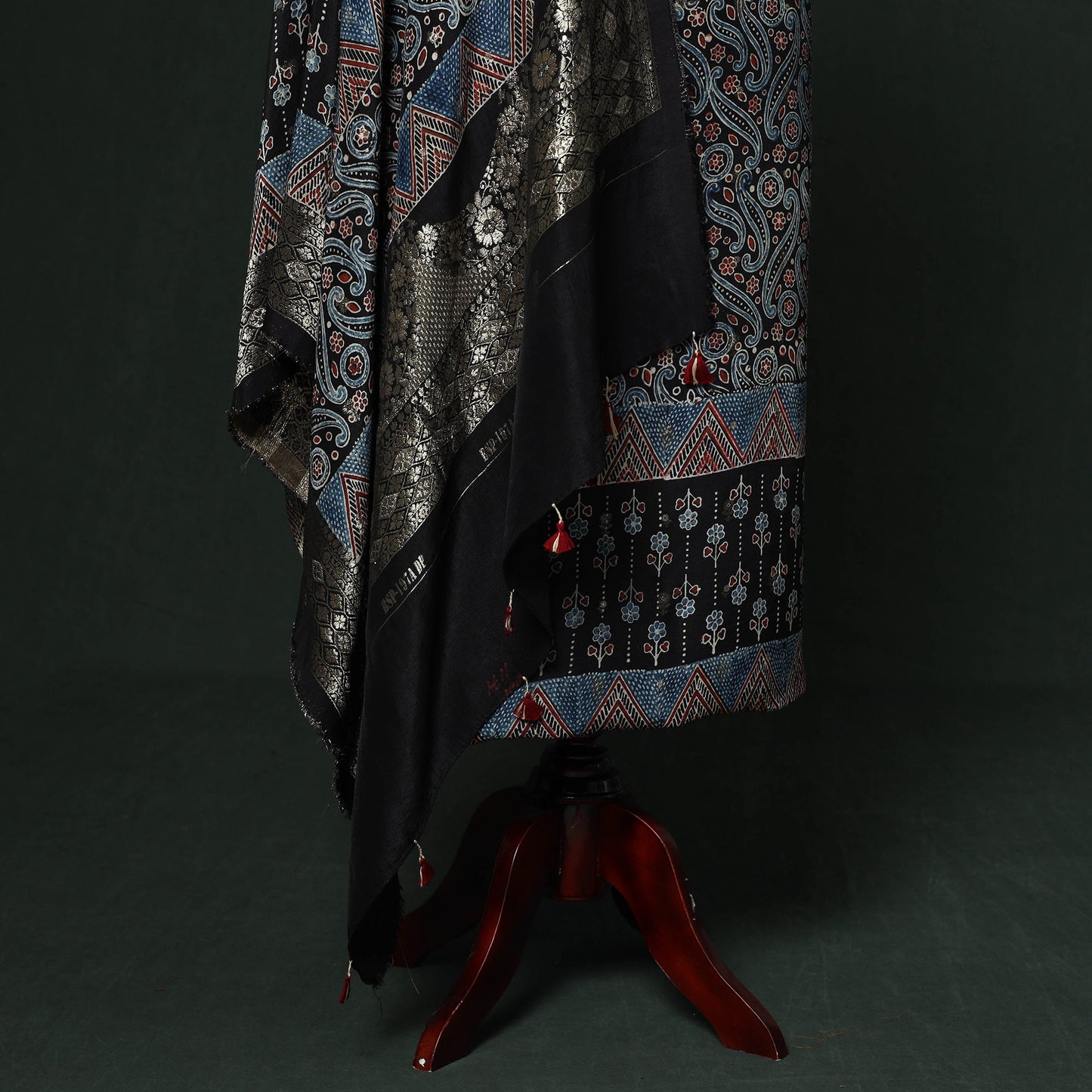 Kutch hand block ajrakh print natural dyed dola silk zari